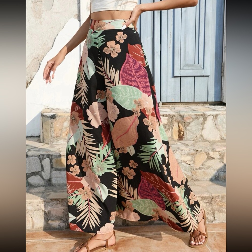 Boho floral leaves tropical print wide leg palazzo pants - Picture 5 of 12